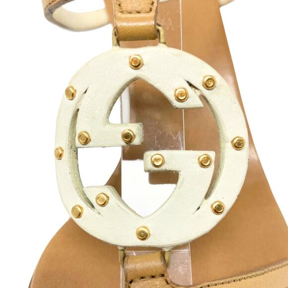 Gucci GG Logo Interlocking Tan Brown White Leather Strappy Heels Sandals US 9.5 - Picture 3 of 10